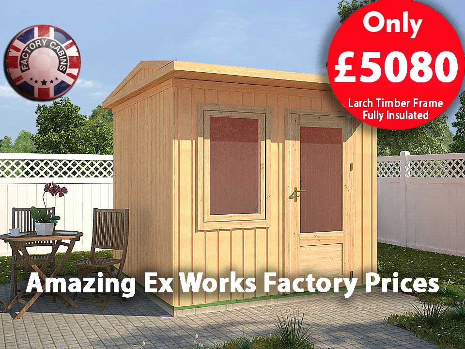 Insulated Garden Cabin Sunderland 2,5m x 2,5m 208 Factory Log Cabins